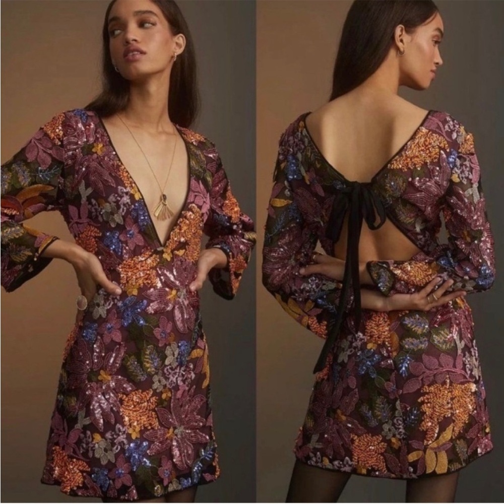 Anthropologie Sequin Floral Embroidered Dress- 4P
